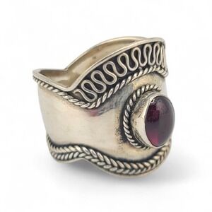 Vintage Sterling Silver Garnet Ring Wide Band Bali Boho Unique Sz 9 1/4 Rope Des